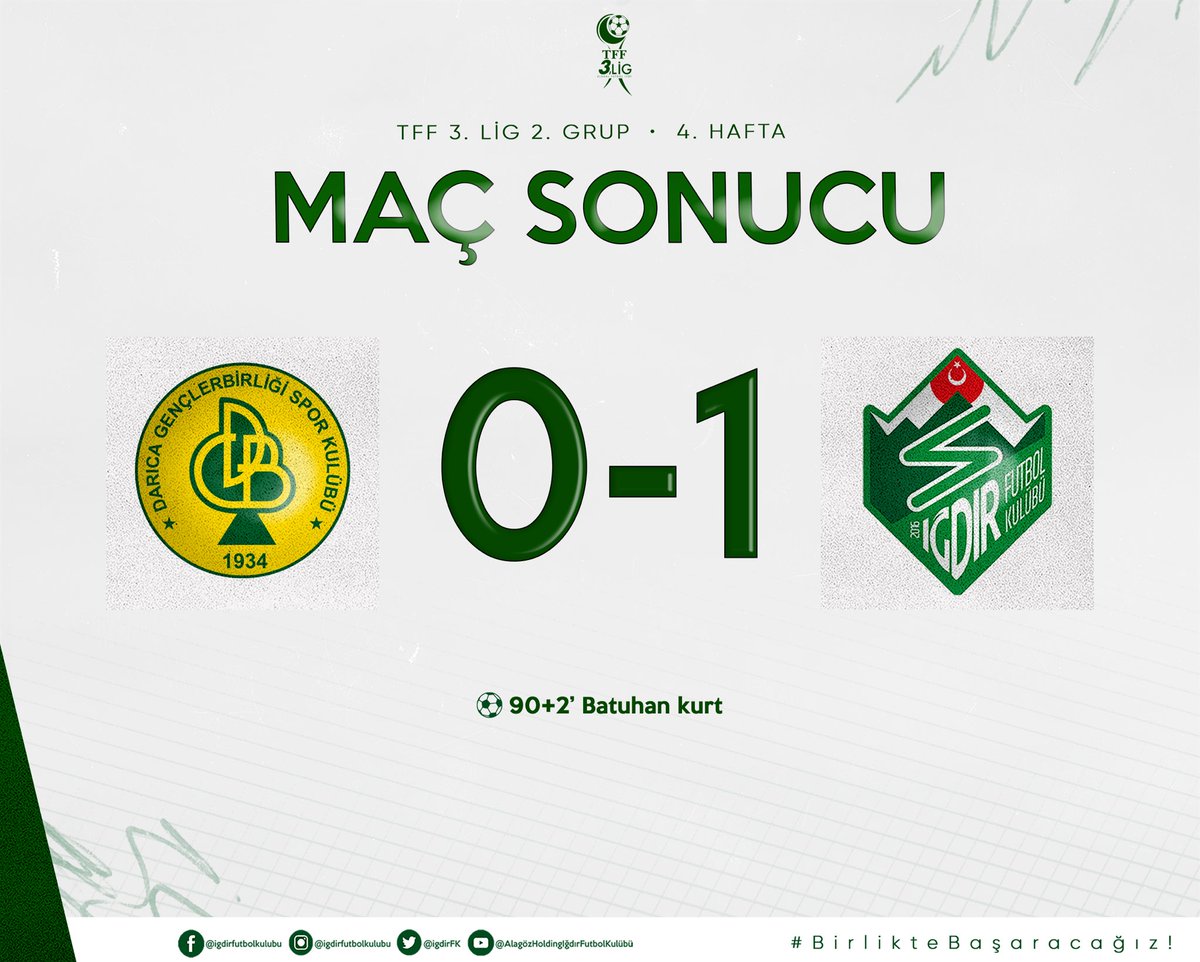 ⏱ Maç sonucu |

Darıca Gençlerbirliği Spor 0-1 Alagöz Holding Iğdır FK 

⚽ 90+2' Batuhan Kurt
#BirlikteBaşaracağız
#BirlikteYükseleceğiz
#GüneşIğdırdanDoğar
#IğdırFK #AlagözHoldingIğdırFK
#Iğdırspor #Iğdır