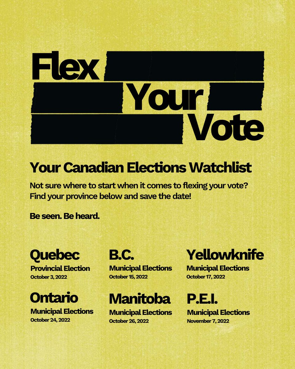 October is election season in Canada. Did you know you can register the day of/pre-register if you’re 16/17? Get ready to #FlexYourVote by noting provincial key dates and visit @apathyisboring for resources for first-time and young voters: ms.spr.ly/6018j7UOr #ElectionsCanada