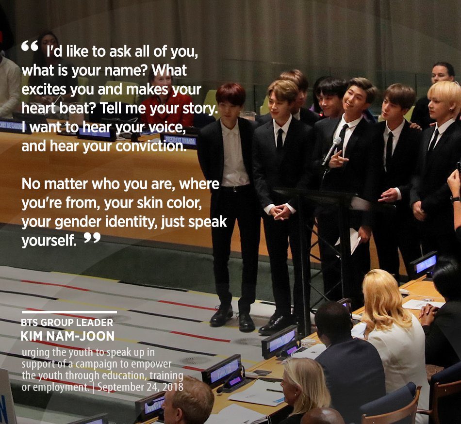 Today we celebrate 4 years of Namjoon's first Speech at the UN General Assembly and <a href="/BTS_twt/">방탄소년단</a> positive impact all around the world!!

#4YearsSinceSpeakYourself
#SpeakForRM
SPEAK YOURSELF
