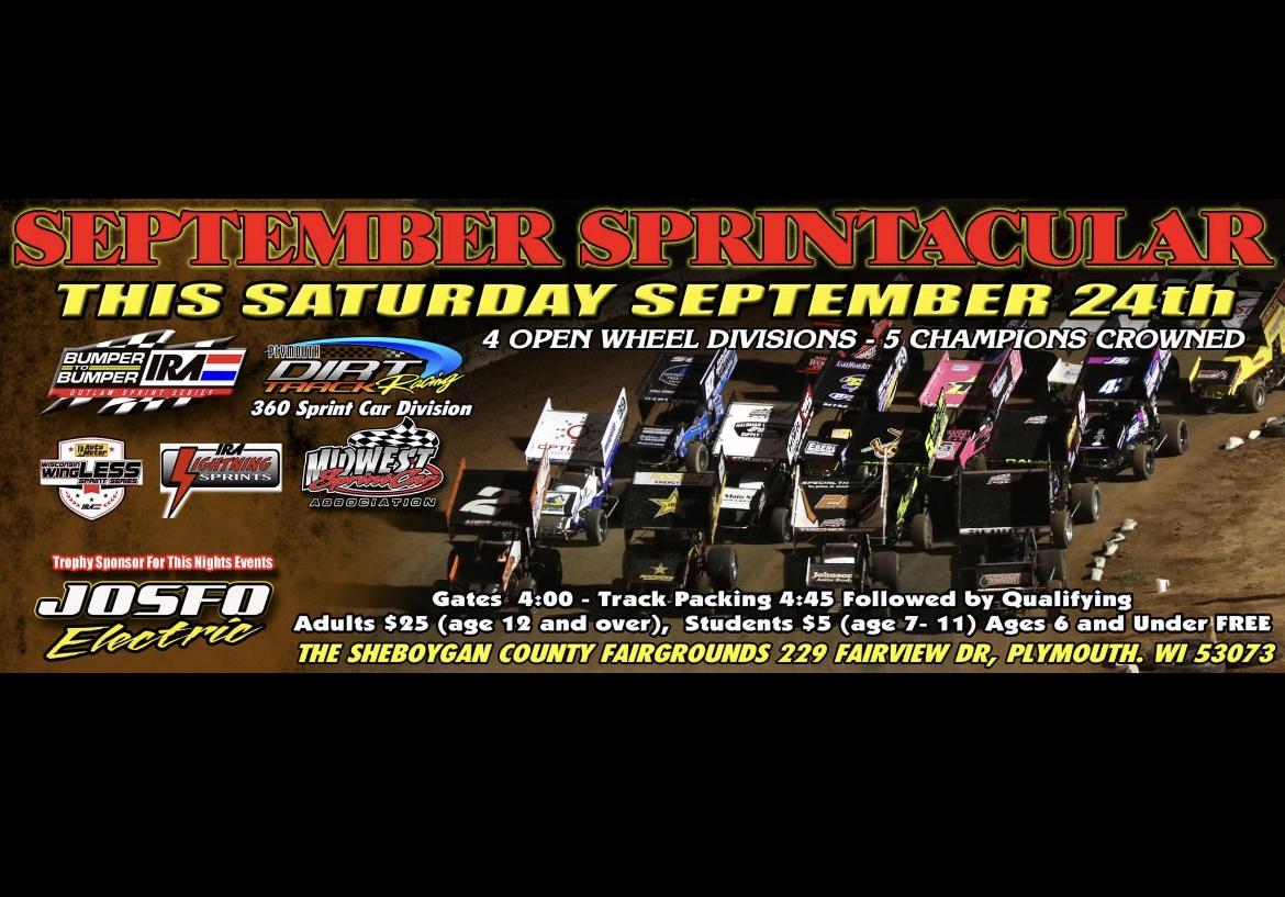 The Plymouth Dirt Track (@plymouth_dirt) on Twitter photo For the last time in 2022, its <a href="/plymouth_dirt/">The Plymouth Dirt Track</a> RACEDAY featuring the fifth annual Wisconsin Sprint Car Championships with champions crowned in the <a href="/IRA_sprints/">IRA Sprints</a>, <a href="/MSAsprints/">MSAsprints</a>-PDTR 360 Sprints, <a href="/WI_WingLESS/">Wisconsin_WingLESS</a> and IRA Lightning Sprints divisions.
On track action - 4:45 p.m. For the last time in 2022, its <a href="/plymouth_dirt/">The Plymouth Dirt Track</a> RACEDAY featuring the fifth annual Wisconsin Sprint Car Championships with champions crowned in the <a href="/IRA_sprints/">IRA Sprints</a>, <a href="/MSAsprints/">MSAsprints</a>-PDTR 360 Sprints, <a href="/WI_WingLESS/">Wisconsin_WingLESS</a> and IRA Lightning Sprints divisions.
On track action - 4:45 p.m.