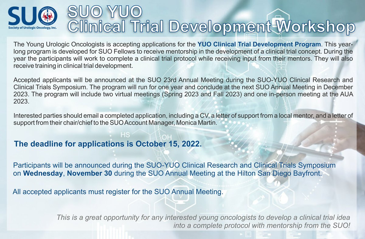 Another great opportunity for our @UroOnc fellows . Recipients will be announced at this years meeting . Apply for a year of unprecedented mentorship in trial development ! Deadline OCT 15 tinyurl.com/37kdvye6