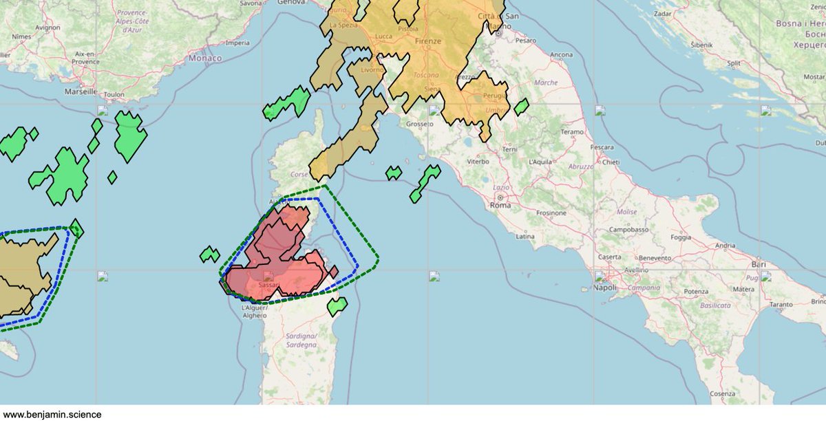 BenjaminMeteo's tweet photo. #temporali sul nord della #Sardegna #Sassari in movimento verso est, come indicato dalle linee tratteggiate. La parte più alta della nube è molto fredda (-67°C in discesa). Questo fattore è un indice della sua pericolosità. Prestiamo attenzione.#Benjamin app #nowcasting #maltempo https://t.co/4PsKSWWL5m