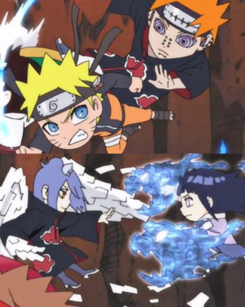 Chibi Naruto and Hinata fighting Akatsuki members