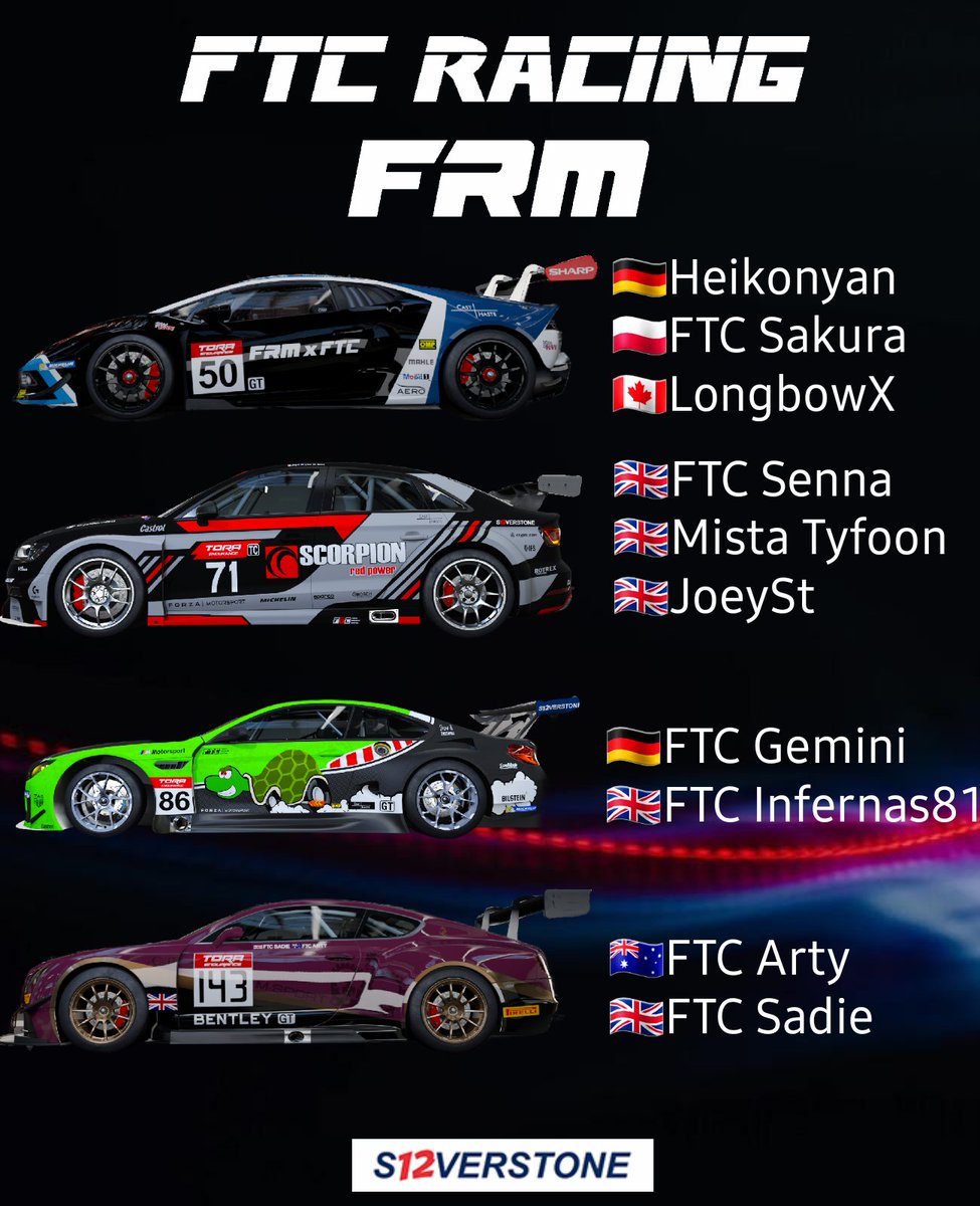Reposting with correct nationalities 

Good luck to everyone racing in <a href="/TheReal_TORA/">TORA</a> Silverstone12 

Together with our friends at <a href="/FailRaceTeamFRM/">FailRace Motorsport</a> we have 4 cars competing this time around, looking absolutely fantastic, thanks to <a href="/MistaTyfoon/">Mista Tyfoon 🏴󠁧󠁢󠁳󠁣󠁴󠁿</a>, <a href="/Heikonyan/">some car weeb idk</a> and <a href="/FightingFenix/">Max Newman</a> 🎨