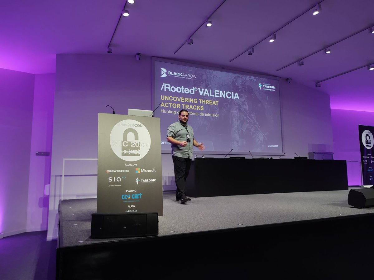 TarlogicES's tweet photo. ¡Seguimos de gira! De Asturias a Valencia. @GcmMiguel, manager de Threat Hunting de @BlackArrowSec, está explicando en la @rootedcon Valencia algunos de los principales vectores de intrusión observados por el servicio a lo largo de este año. https://t.co/81tyY9FHdx