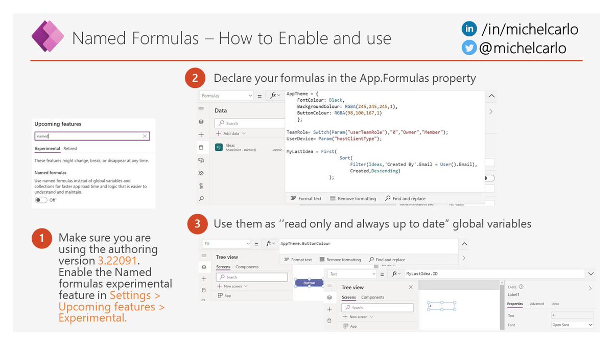 ⚡ #PowerApps named formulas (Experimental): Enable defined functions without parameters, that can be reused across any control/screen in the app 
💡They can also work like constants
👨‍💻Defined in the App.Formulas property, can't be updated anywhere else
#PowerFx #PowerPlatform