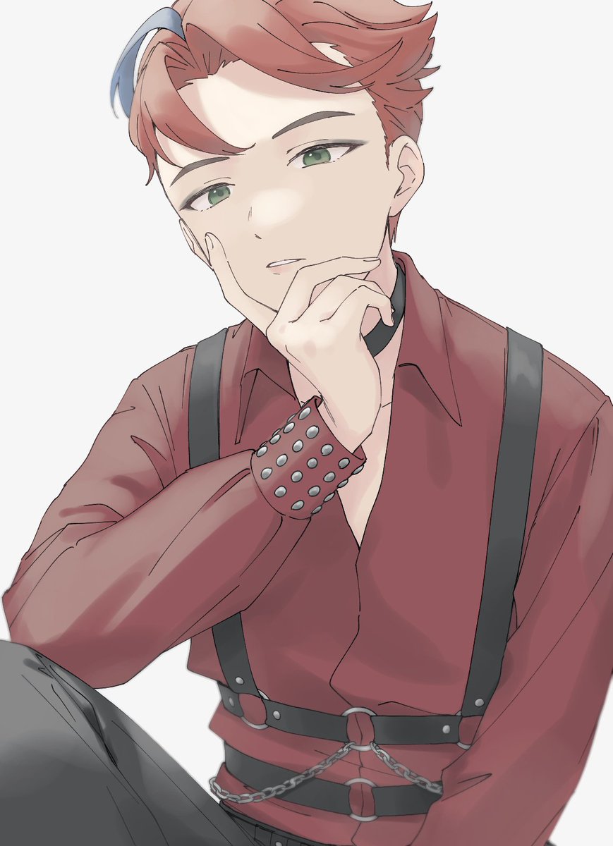 male focus 1boy solo green eyes shirt red hair red shirt  illustration images