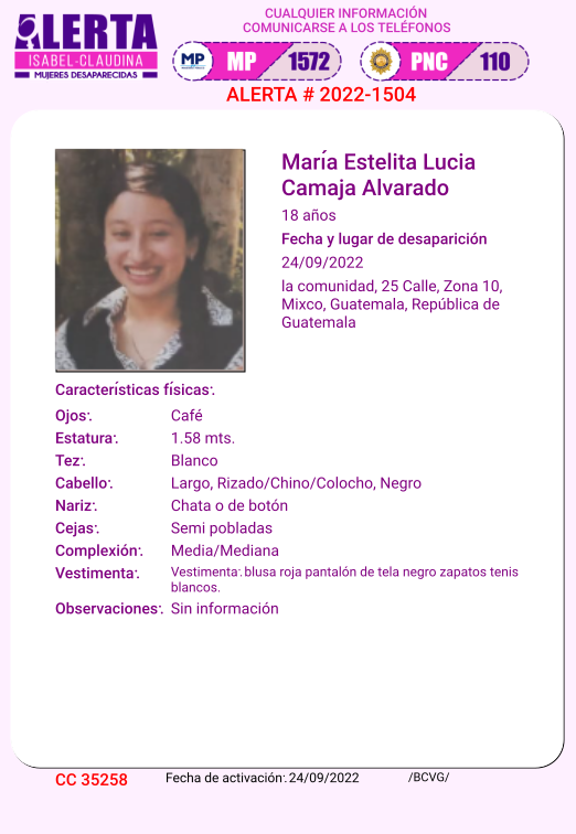 isabel_claudina's tweet photo. #AlertaIsabelClaudina
 Ayúdenos a encontrar
MARIA ESTELITA CAMAJA ALVARADO
Desapareció el 24 de Septiembre de 2022
Cualquier información comunicarse al teléfono  1572
Gracias por difundir esta información https://t.co/EOjkbHleei