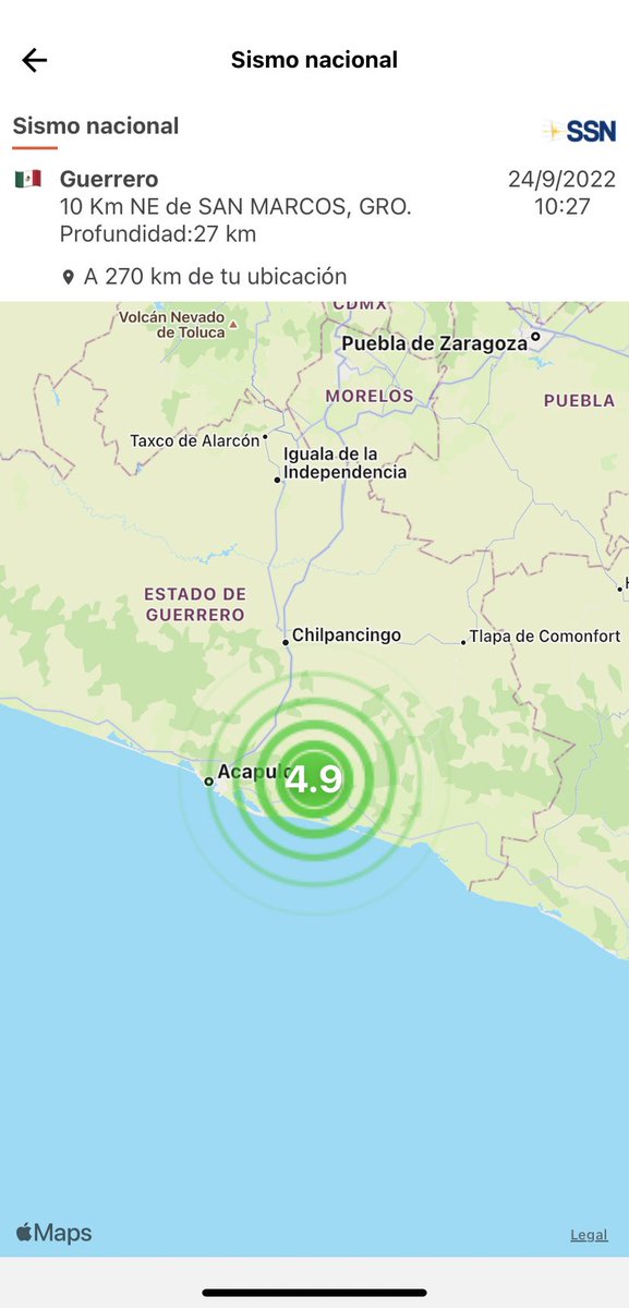 SkyAlertMx's tweet photo. Magnitud final 4.9 ubicado a 10 km al noreste de San Marcos, Guerrero.

Detectado por @REDSkyAlert con intensidad «leve» en la zona del epicentro. https://t.co/uMX53PGytP