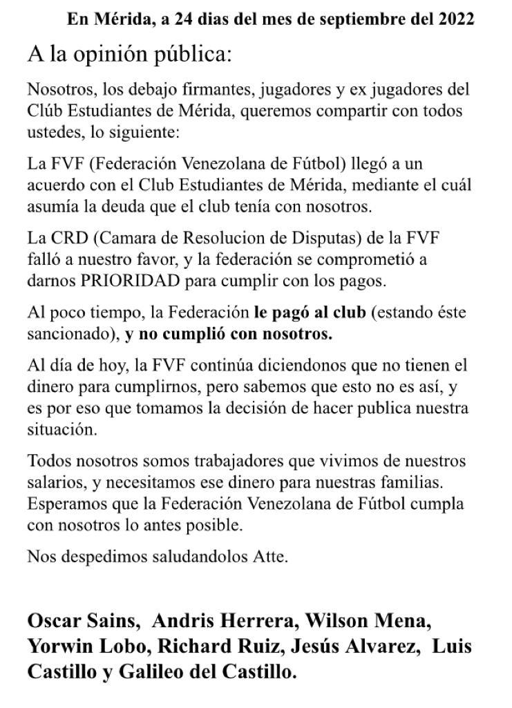 klon_perez's tweet photo. ExJugadores de Estudiantes de Mérida exigen que se les paguen los premios correspondientes a la participación en Copas Internacionales en el año 2020. 

¿Hasta cuándo los futbolistas tendrán que perseguir a las instituciones para que les paguen? https://t.co/KuYKkhNURW