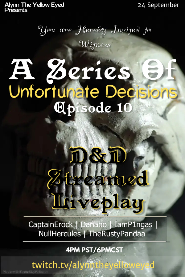 AlynnYellowEyed's tweet photo. Tonight!!! 6pm Central US time. More unfortunate decisions more #DnD 

Two characters were down, and 3 fled barely with their lives.

Tune in to see their fate. https://t.co/Z3hUewnyeD