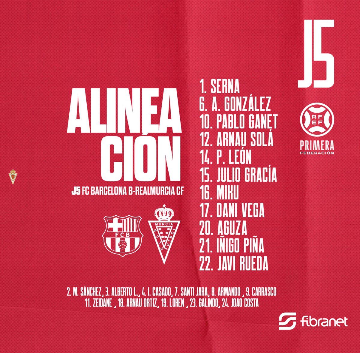 #J5 | ALINEACIÓN <a href="/realmurciacfsad/">Real Murcia CF</a> para el #BarcelonaBRealMurcia 

💪 ¡VAMOS, #EQUIPO! ¡JUNTOS, #AFICIÓN!

✅ Ofrecida por Fibranet.tv