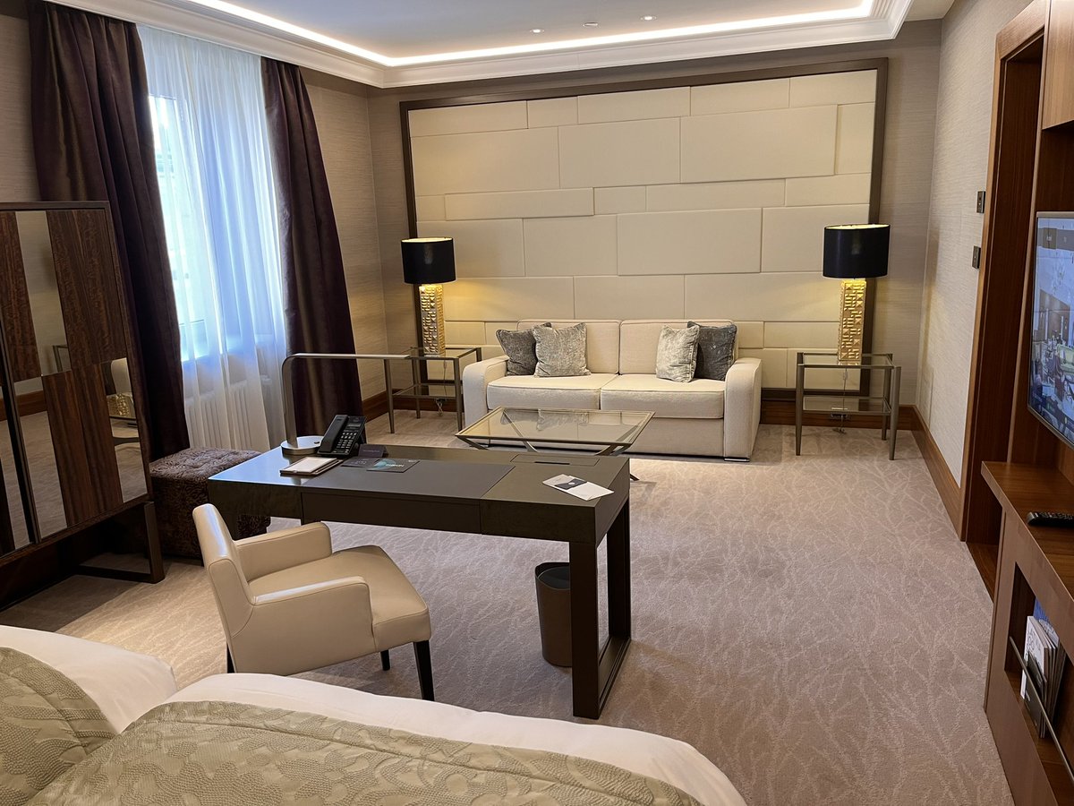 Grand Hotel Kempinski, Riga, Latvia.
Plug by bed, free wifi, good shower, no biscuits.