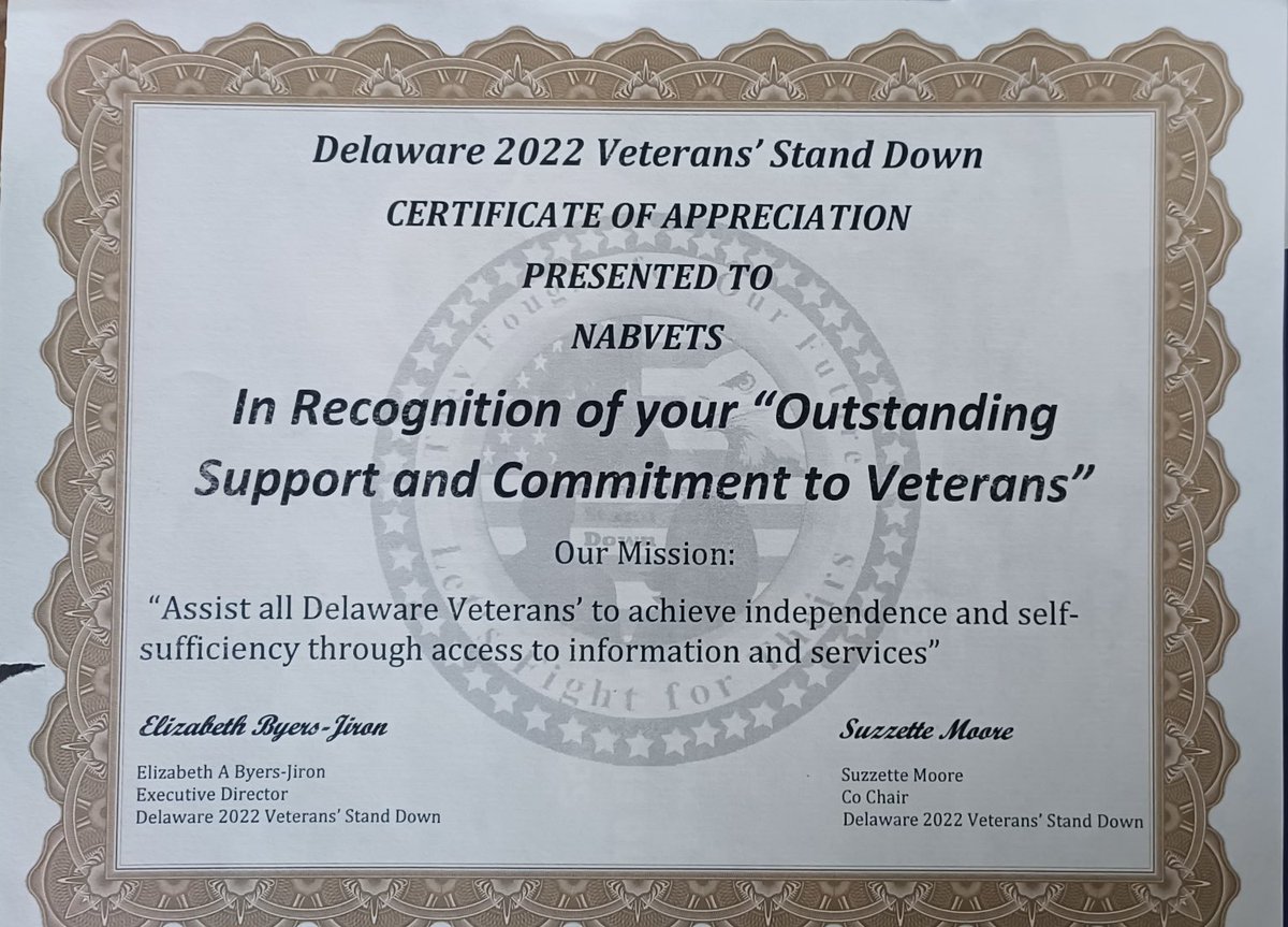 #NABVETS was honored to be recognized and appreciated by the 2022 Delaware Stand Down.