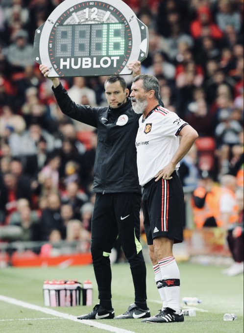 Roy Keane in action for United during the Legends of the North fixture at Anfield.