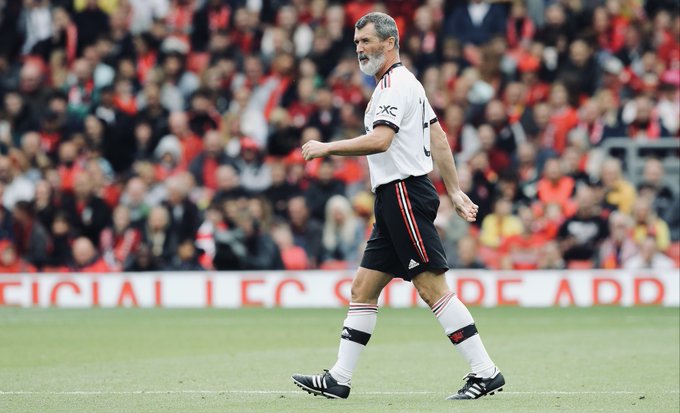 Roy Keane in action for United during the Legends of the North fixture at Anfield.