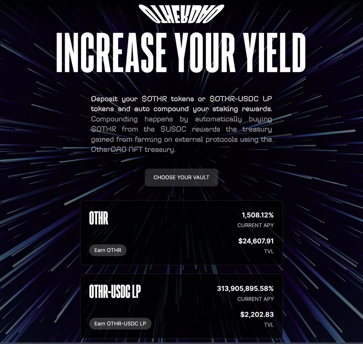 Supply keeps getting burnt through $OTHR buybacks and burns from NFT  treasury yield 🔥⏱ Yield stays at outstanding levels without ANY emissions,  100% authentic $USDC yield that our NFT treasury generates with