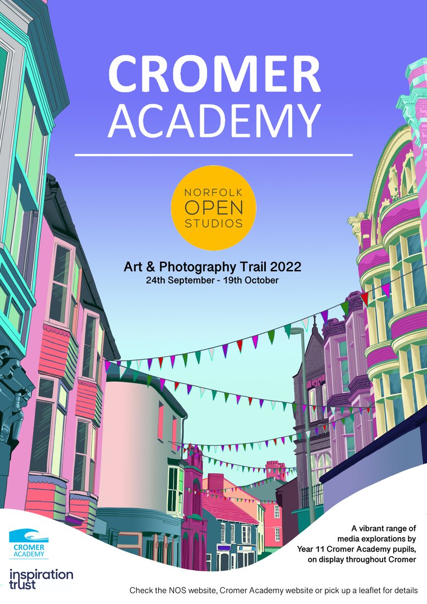 AnnaWatmough's tweet photo. The @AcademyCromer Art and Photography trail is up! Last year's year 11s produced some incredible work for their 'Me, Myself and I' project, they can now be seen in the windows as you walk around Cromer. A big thank you to all the businesses involved. #NOS22 https://t.co/Mtu9dPMqQf