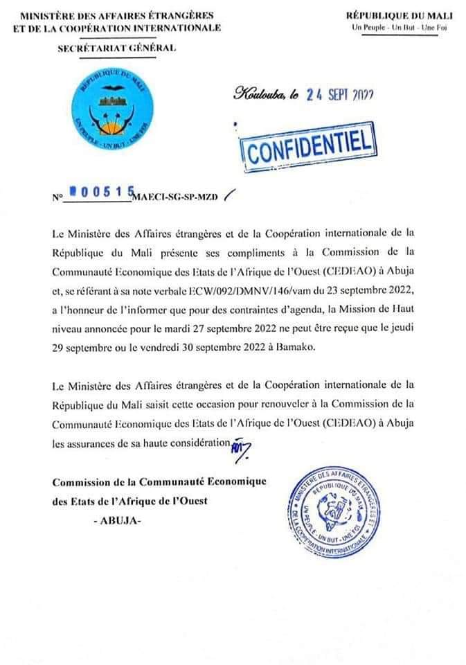 TrascoMed's tweet photo. La mission de haut niveau de la @ecowas_cedeao au Mali pourrait être annulée ou obligée à décaler au jeudi ou vendredi le 30-09-22. Il s'agit de déplacement des présidents #Togolais, #Sénégalais et #Ghanéen au #Mali pour le dossier de 46 militaires #ivoir-iens. https://t.co/zbjbwG0X87