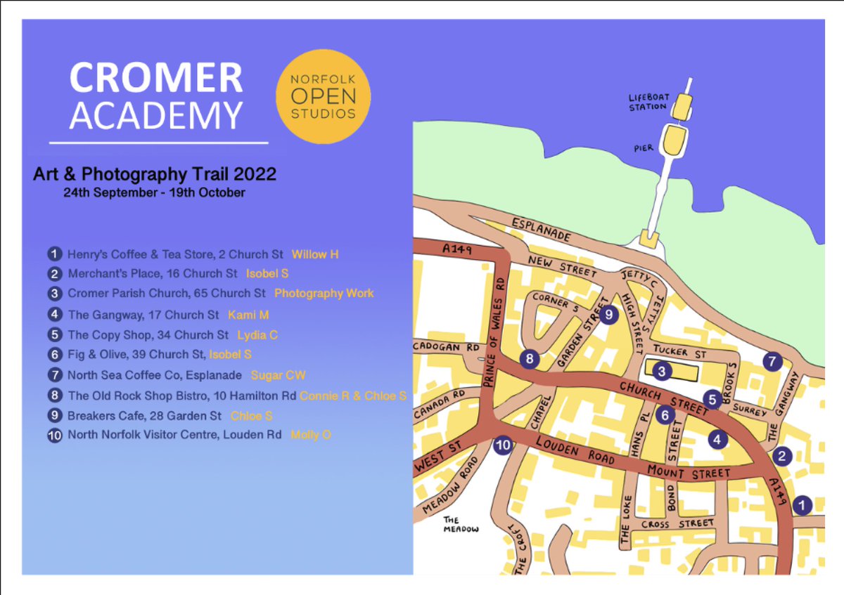 AnnaWatmough's tweet photo. The @AcademyCromer Art and Photography trail is up! Last year's year 11s produced some incredible work for their 'Me, Myself and I' project, they can now be seen in the windows as you walk around Cromer. A big thank you to all the businesses involved. #NOS22 https://t.co/Mtu9dPMqQf