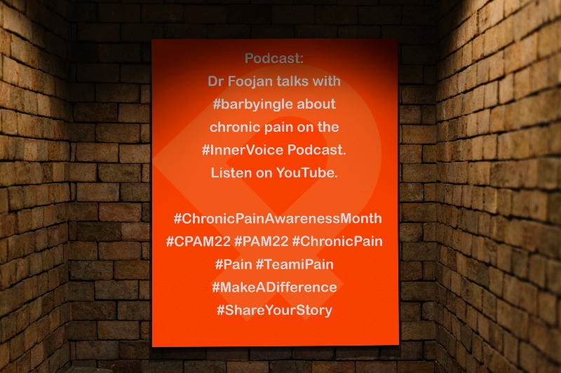iPainOfficial's tweet photo. Podcast: Dr Foojan talks w #barbyingle about chronic pain on the #InnerVoice Podcast. Listen https://t.co/CbXcR8ifdA #ChronicPainAwarenessMonth #CPAM22 #PAM22 #ChronicPain #Pain #TeamiPain #MakeADifference #ShareYourStory https://t.co/YP241VXXyh