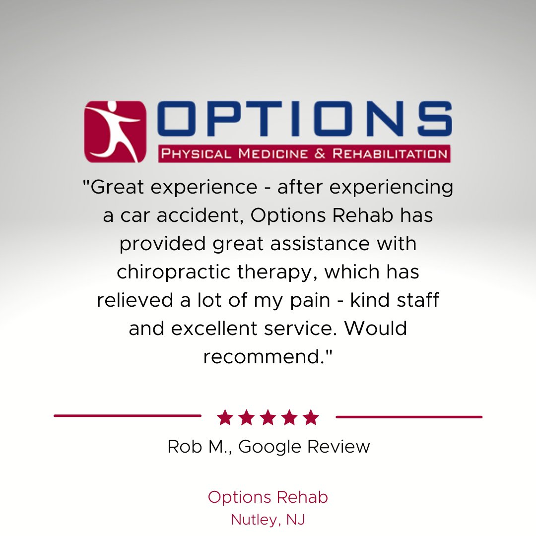 OptionsRehab's tweet photo. Thank you for your 5-Star review! If you are in need of a chiropractor or physical therapist, please call our office at 973-542-2022 to schedule a complimentary screening! Options Rehab
Nutley, NJ  
#ChiropractorNJ #PhysicalTherapistNJ #NorthJerseyChiropractor https://t.co/sPEA4ZPEh5