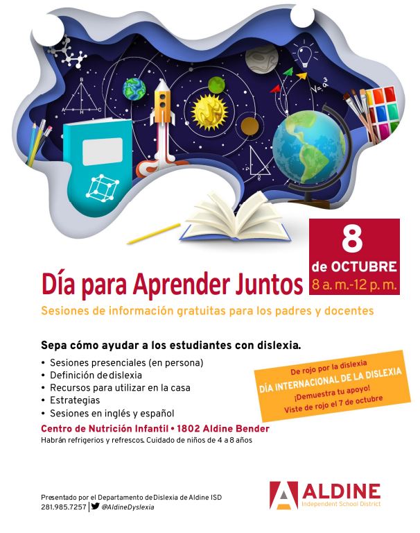 Parents Day of Learning Together is in two weeks. Save the date October 8th to join us for learning about Dyslexia and strategies for assisting your student with dyslexia at home. <a href="/AldineISD/">Aldine ISD</a> <a href="/AldineDyslexia/">Aldine Dyslexia</a>