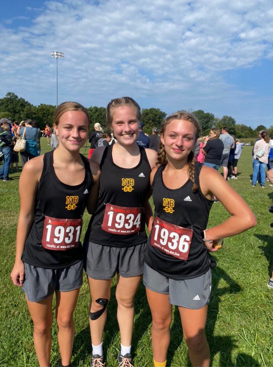 PR Crew. Our girls ran their hearts out at a pretty tough race. Claire ran a 25:49.24, Leah ran a 25:49.82, and Brooke ran a 30:17.35. All THREE are PRs 💚💛 #nbstrong