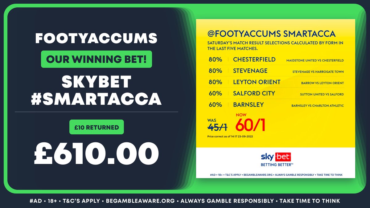 FootyAccums's tweet photo. Our Skybet #SmartAcca has now been settled! Let's see those winning slips! ๐ธ
18+ begambleaware https://t.co/ClszC6ob4j