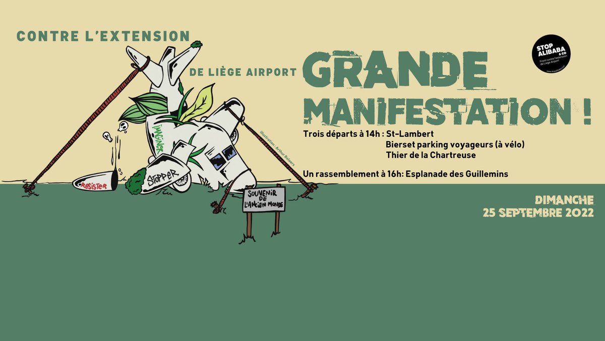 LucGOCHEL's tweet photo. Près d'une centaine d'associations appellent à manifester ce dimanche contre l'extension de Liege Airport #Liege #LiegeAirport #StopAlibaba https://t.co/UhFtJpXbvh https://t.co/bZ5pIqNLjI