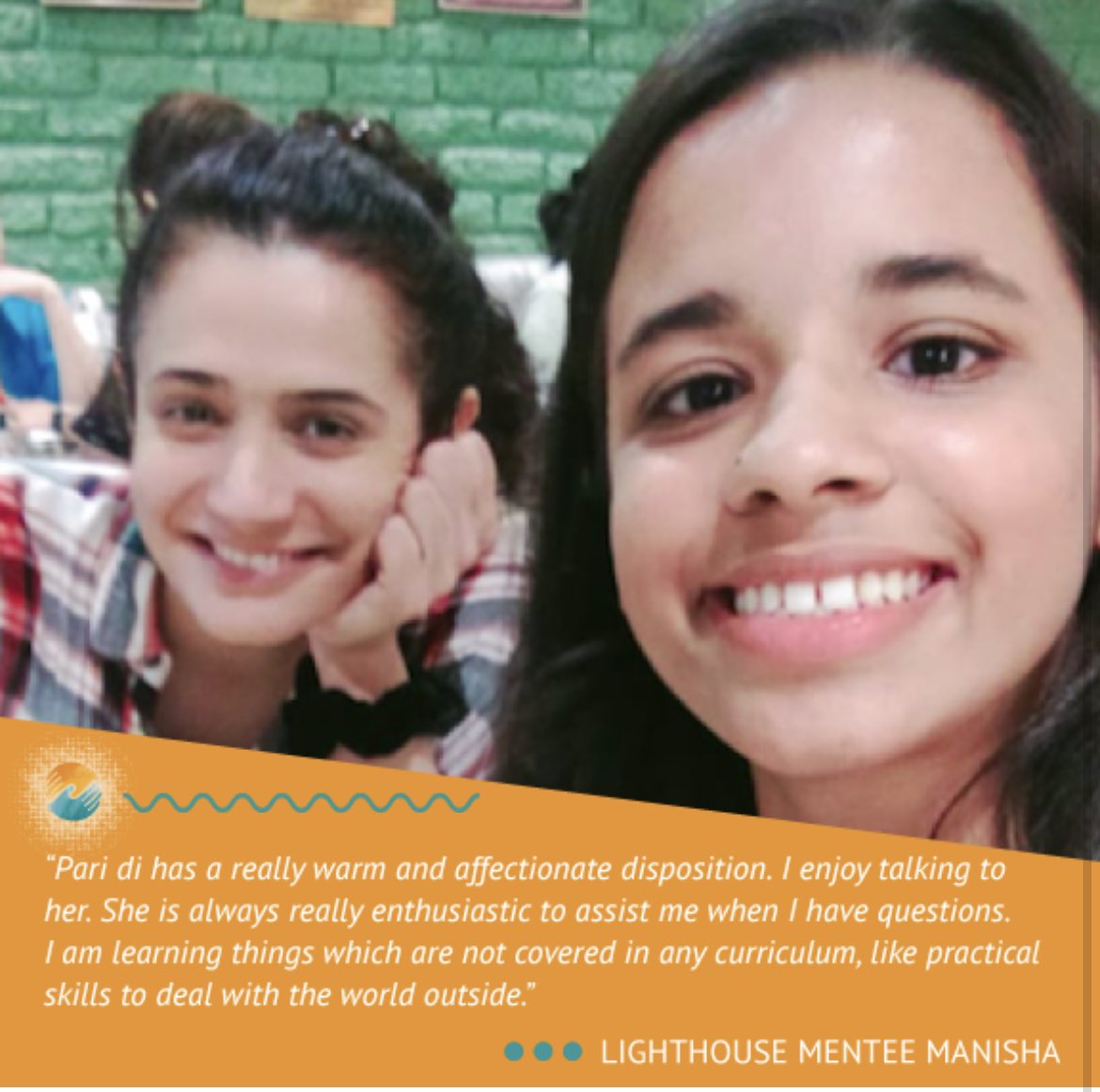 LighthouseIndia's tweet image. After just two months of being a mentor - mentee pair, Mentee Manisha talks about her experience with Mentor Parizad! 🧡
#lighthousementor #mentoring #giveback #volunteering #volunteersofmumbai