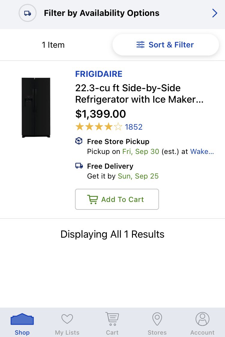 JoyTHood's tweet photo. @Lowes In need of a fridge, found this one online and went to store since “free delivery” 9/25. None available at any local Lowes. Fix your website!! It’s often incorrect. https://t.co/V8NL7jhnLg