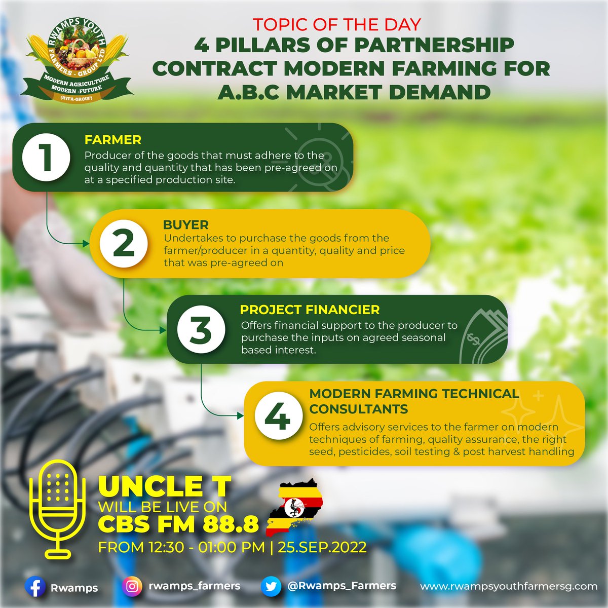 Rwamps_Farmers's tweet photo. Alone we can do so little, but together we can do so much more. PARTNERSHIP allows us to know more than we are capable of knowing by ourselves.
Tune in to CBS FM 88.8
Live talk show.
#ModernAgriculture
#ModernFuture
#AgricultureIsOxygen https://t.co/qhqPKdTVfP