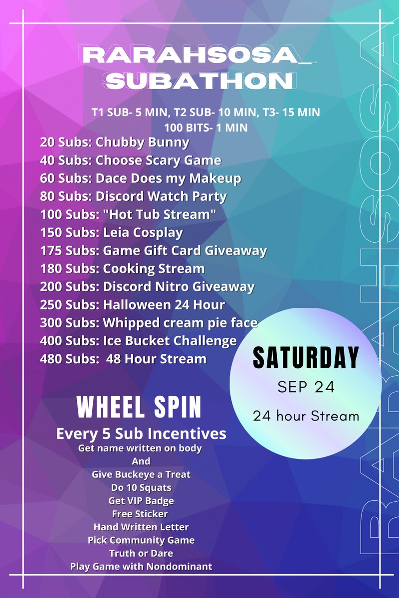 24 Hour Subathon Starting now on the Stream! Come help me reach my goals and LET'S GET WILD!!! 

twitch.tv/rarahsosa_