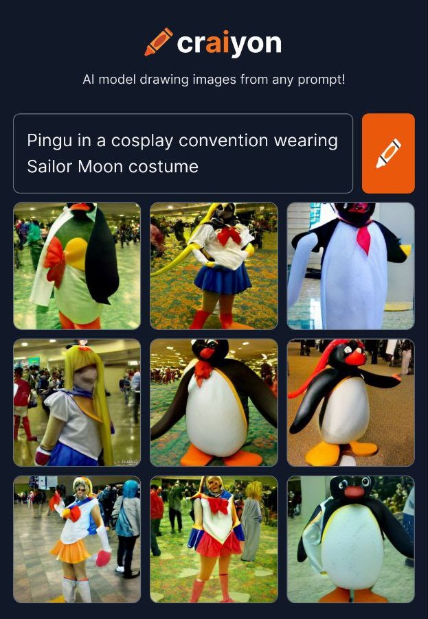 Sailor Pingu 

<a href="/craiyonAI/">🖍Craiyon</a>
#SailorMoon #nootnoot #pingu #aiart #sailorpingu #cosplay #convention #dalleMini