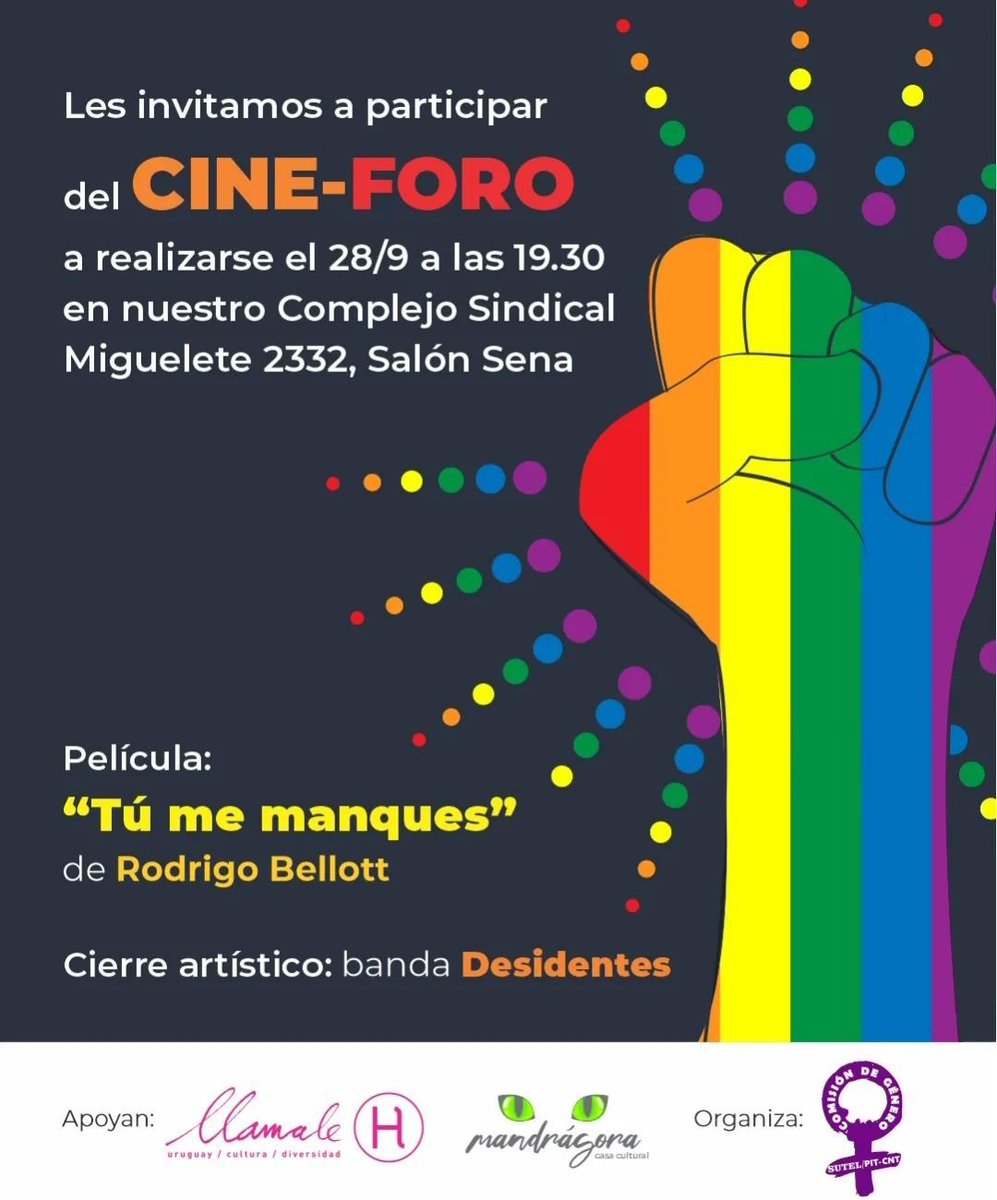 Este 28/9 a las 19:30 Cine-Foro en SUTEL / Pit-Cnt  con la película "Tu me Manques" de Rodrigo Bellott