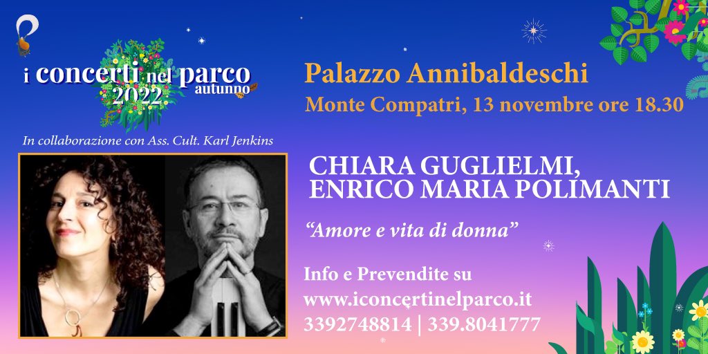 Un'esperienza raffinata a Montecompatri il 13.09. Chiara Gugliemi ed Enrico Maria Polimanti vi offrono musica e poesia per raccontare l'esistenza al femminile nell'Ottocento.
Non mancate!
Per info e prevendite tel.339/2748814-339/8041777 
iconcertinelparco.it
#ConcertiParco22
