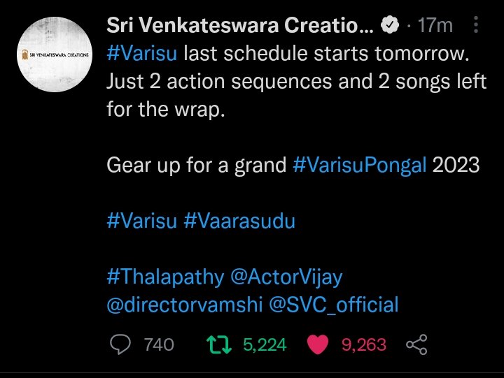 vk___Vijay's tweet image. Namma @actorvijay na's #Varisu last schedule to start from tomorrow😎 #ActionSequence &amp;amp; #SongSequence left🔥🔥

Gear up for a grand #VarisuPongal 2023
#Varisu #Vaarasudu #ThalapathyVijay #ThalapathyVijay𓃵 #VarisuFromPongal