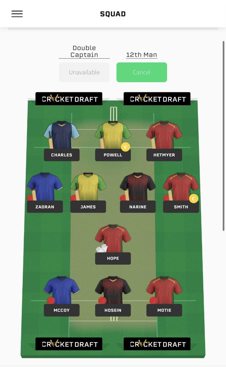 TCDCPL's tweet photo. As we enter GW 8 - here is the team @officialkpowell has chosen. 

He is also playing his 12th man ‘Googly’! 

#CPL22 https://t.co/8j17ud10DV