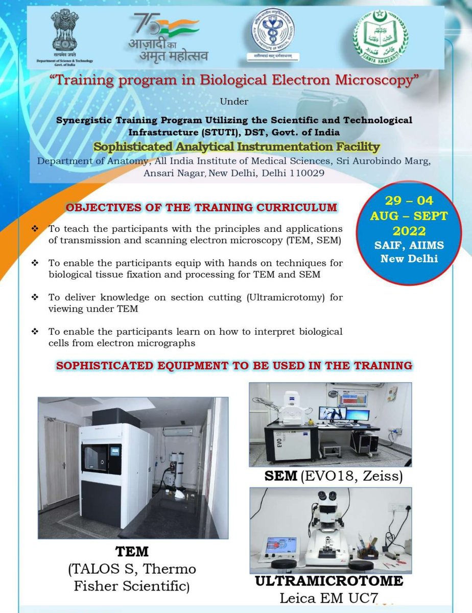 dststuti's tweet photo. DST STUTI Hands On training on "Biological Electron Microscopy"  was conducted at Sophisticated Analytical Instrumentation Facility, Department of Anatomy, All India Institute of Medical Sciences, New Delhi in collaboration with Jamia Hamdard PMU from 29th Aug - 4th Sep 2022. https://t.co/L19luq17UG
