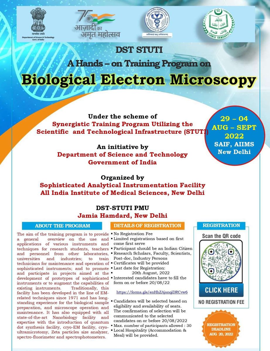 dststuti's tweet photo. DST STUTI Hands On training on "Biological Electron Microscopy"  was conducted at Sophisticated Analytical Instrumentation Facility, Department of Anatomy, All India Institute of Medical Sciences, New Delhi in collaboration with Jamia Hamdard PMU from 29th Aug - 4th Sep 2022. https://t.co/L19luq17UG