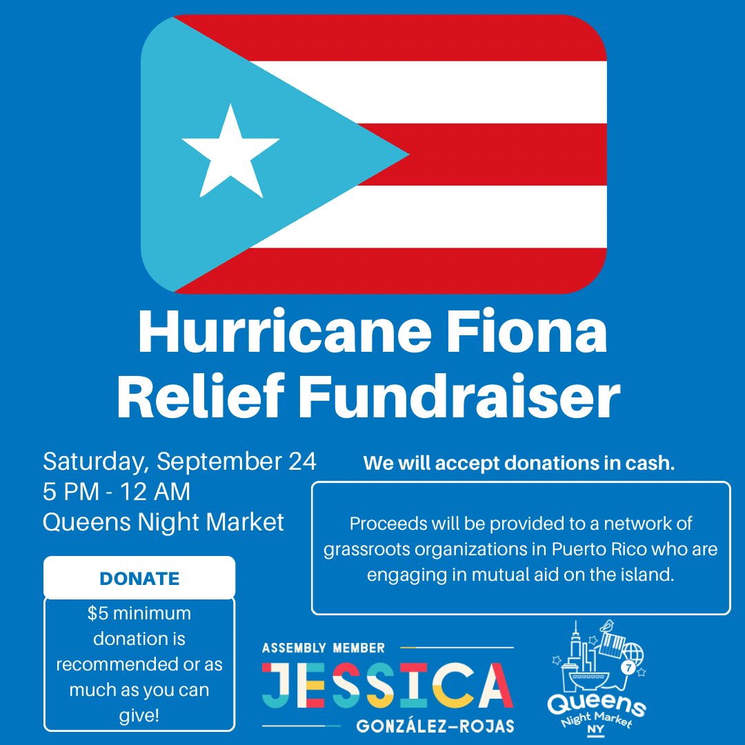 Tonight! Join us at <a href="/QnsNightMarket/">Queens Night Market</a> &amp; donate to Hurricane Fiona relief efforts in Puerto Rico. The market has pledged that 100% of donations received at the door will go directly to relief efforts. They’ve also pledged 33% of net proceeds to the cause. Pls share! 🇵🇷

5 PM - 12 PM