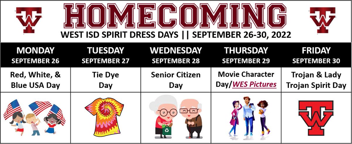 West_Trojans's tweet photo. It’s HOMECOMING WEEK! Here are the Dress up Days for this week! https://t.co/BlZMGne71e