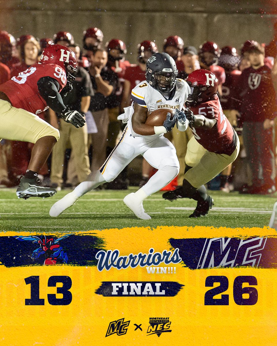 WARRIORS WIN!! 

Victor Dawson ran for 53 yards and a touchdown. Jelani Mason had 71 yards receiving and a touchdown! 

Brandon Roberts led the team with two sacks!

The Warriors get back to action next Saturday when LIU visits for homecoming weekend!   

#GoMack // #MackTough
