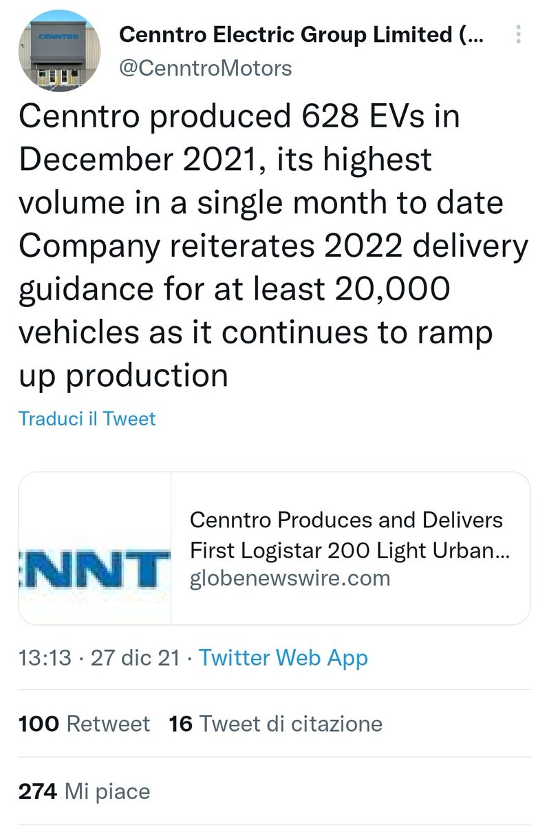 investinazioni's tweet photo. Recently @CenntroMotors announced to have sold 337 units in the first 6 months of 2022. No questions. I have one. Why, when it was a time to attract investors in Dec 21, you stated that you could produce 628 units per month and issued a guidance "for at least 20000 vehicles" https://t.co/Bs78hcc6ZN