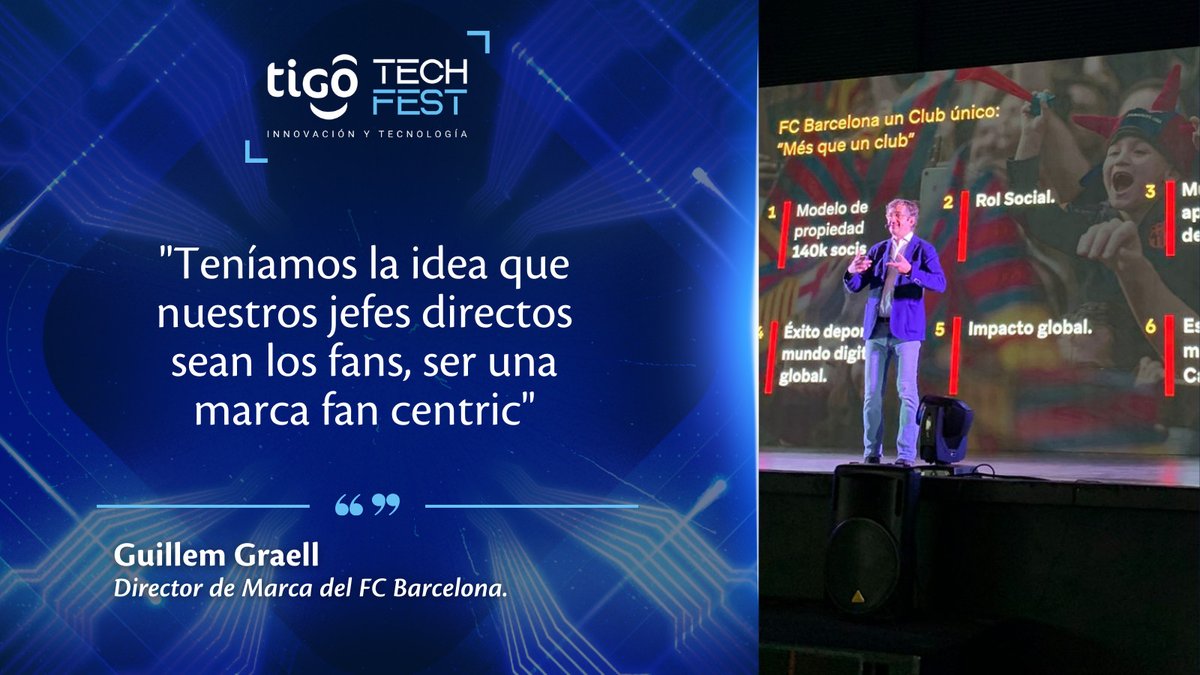 TigoElSalvador's tweet photo. La clave para que el @FCBarcelona sea una de las marcas más grandes, se debe a que se basan en lo que sus fans piden y disfrutan. #TigoTechFest 💙 https://t.co/BYKXnkY9CR