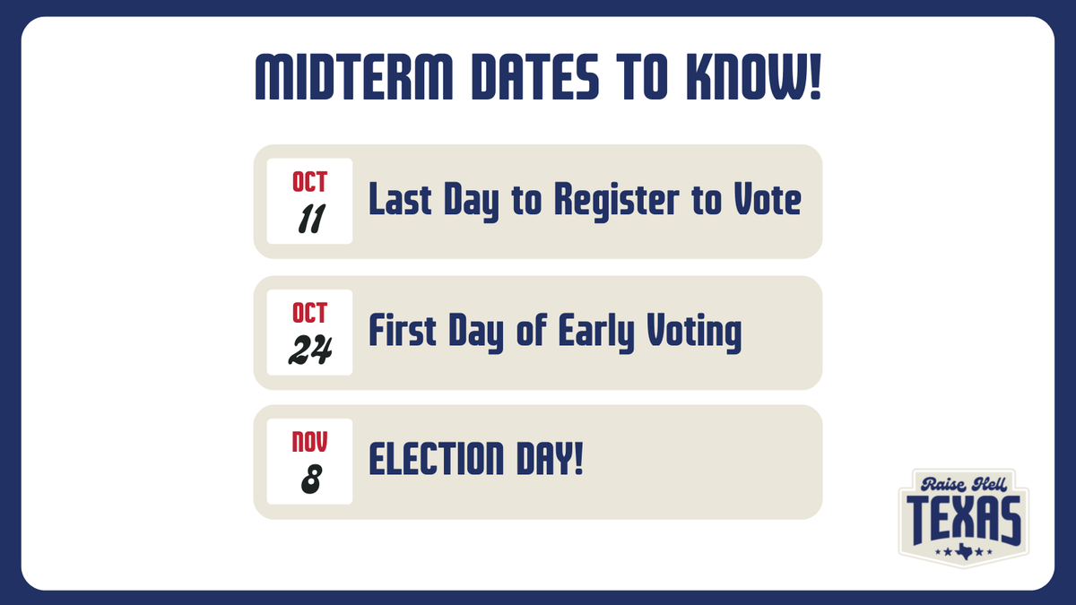 raisehelltx's tweet photo. Are you registered to vote in the midterm? The deadline to register is just around the corner! Visit https://t.co/0bhWhOHe3P to check your registration and learn more! #GOTV #raisehelltx https://t.co/MjVnR2oIhH