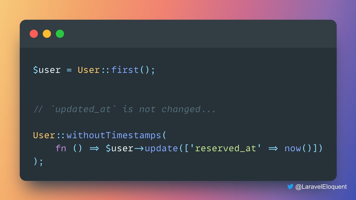 LaravelEloquent's tweet image. #Laravel #Eloquent TIP:

If you would like to perform model operations without the model having its `updated_at` timestamp modified, you may operate on the model within a closure given to the `withoutTimestamps` method:

🔗 bit.ly/3LGqH9m

#Laravel #PHP #Database