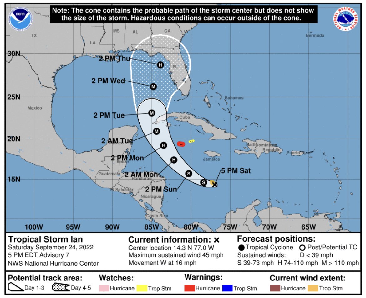 Tropical Storm Ian is expected to strengthen into a hurricane and approach the Florida Gulf Coast mid-week.
 
Floridians should take precautions.
 
Follow <a href="/FLSERT/">FL Division of Emergency Management</a> for updates about the storm.