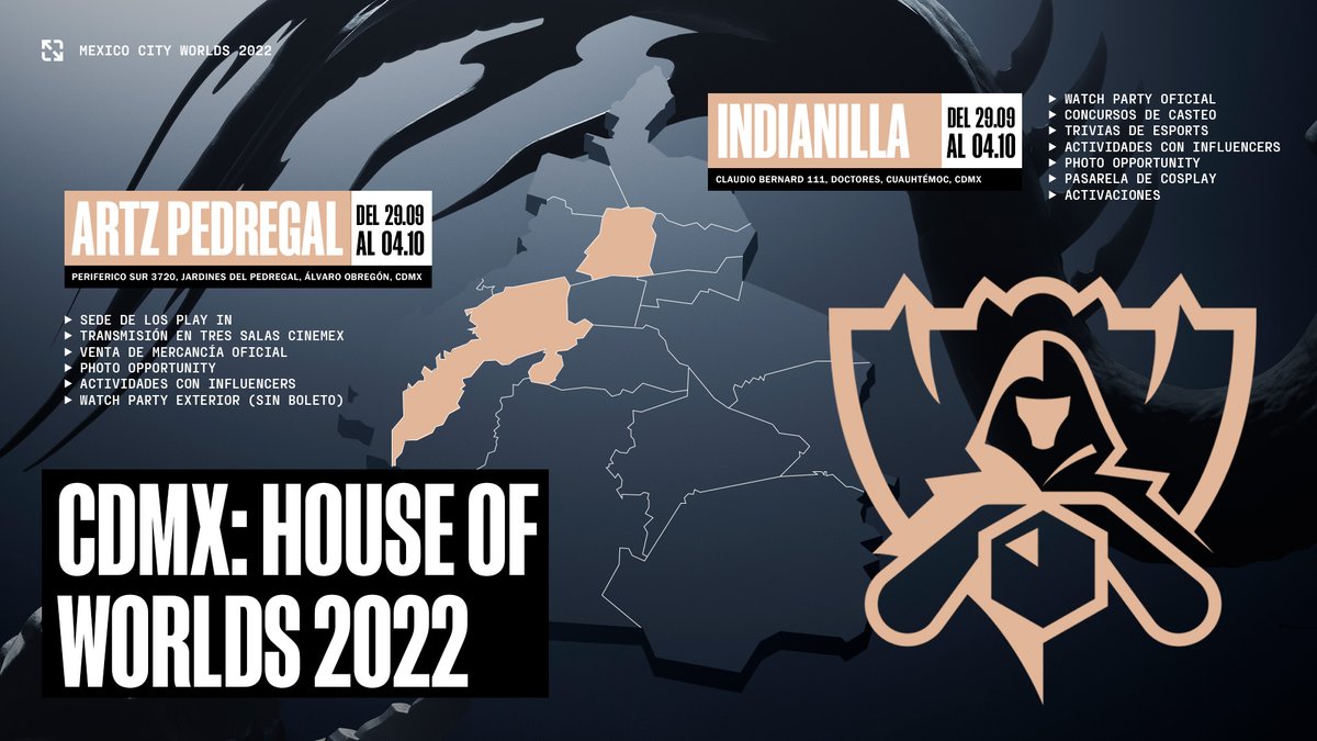 ¡Faltan muy pocos días CDMX! Es momento de vibrar con la emoción de los Play-In de #Worlds2022 en dos puntos claves de nuestro mapa: ARTZ Pedregal y Centro Cultural Indianilla.

Todo lo que necesitas saber aquí:
➡️ riot.com/3C5hYdO